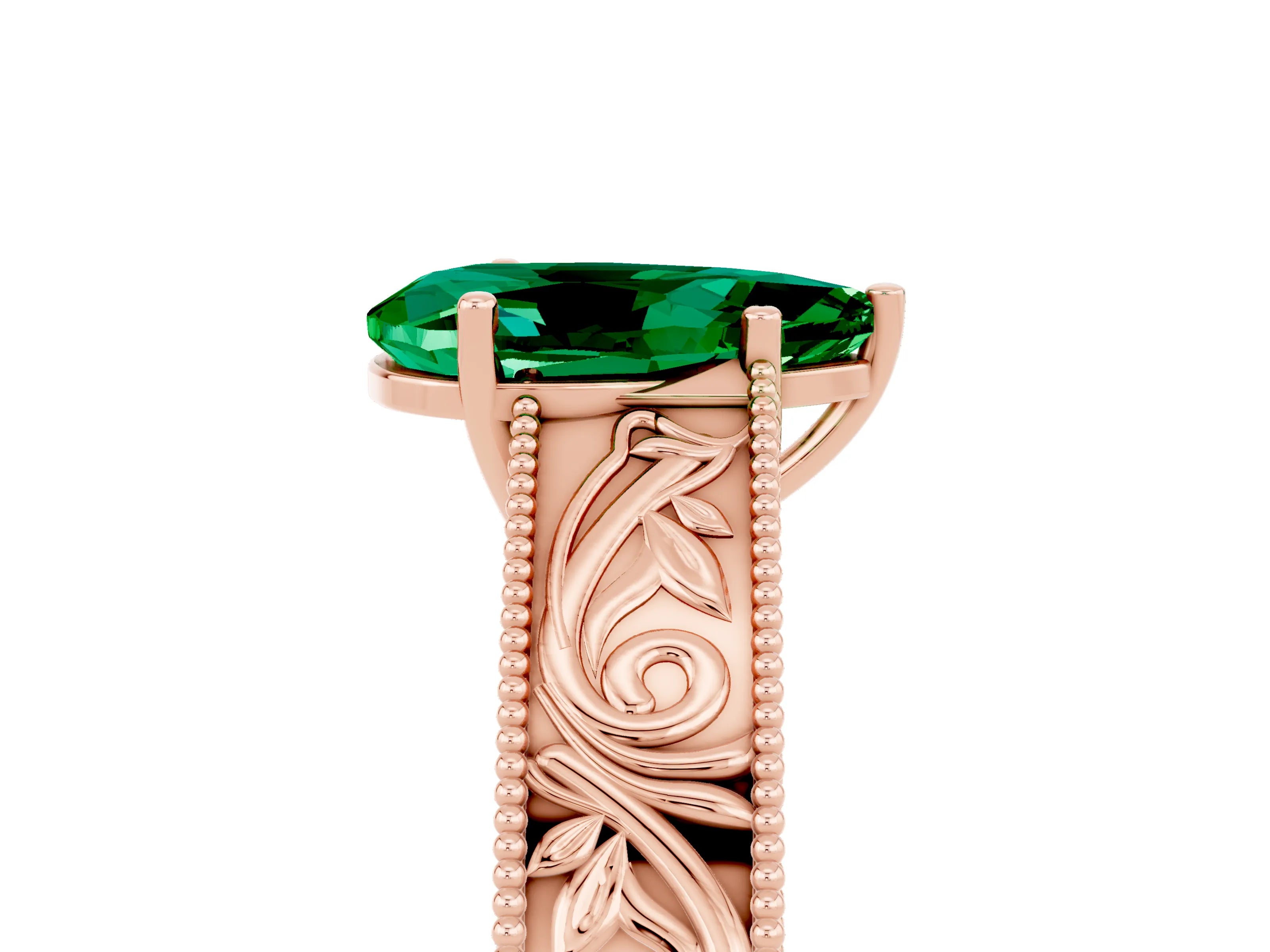 Rose gold Pear Cut Emerald Solitaire Ring with Engraved Band and Four-Prong Setting_5