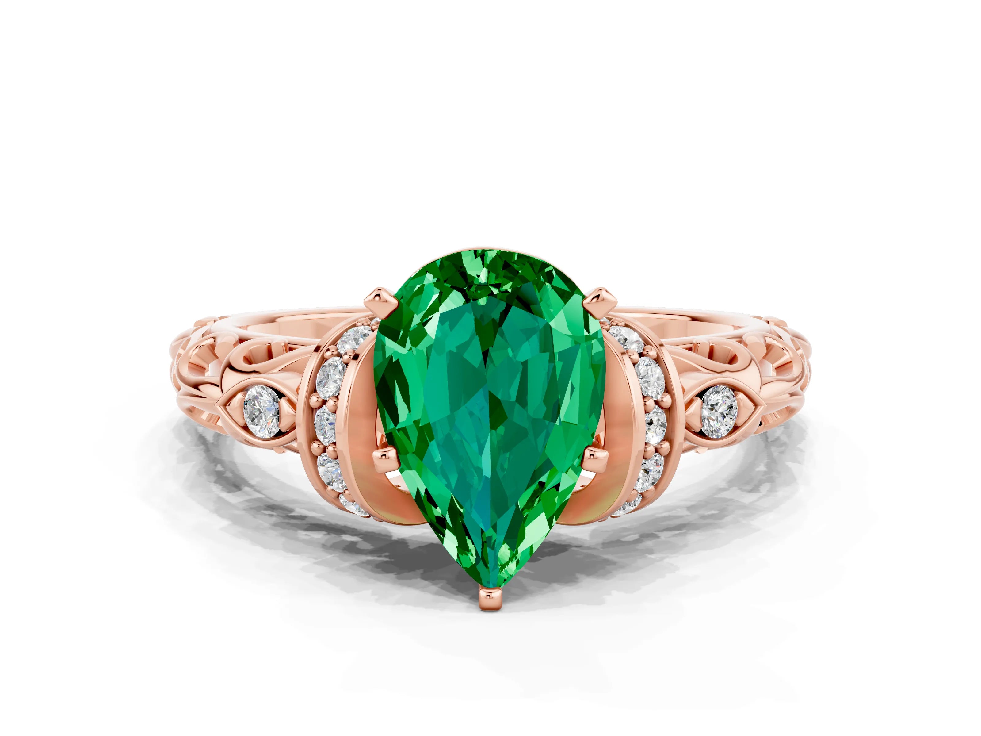 Rose gold Pear Cut Emerald Solitaire Ring with Filigree Band and Four-Prong Setting_24