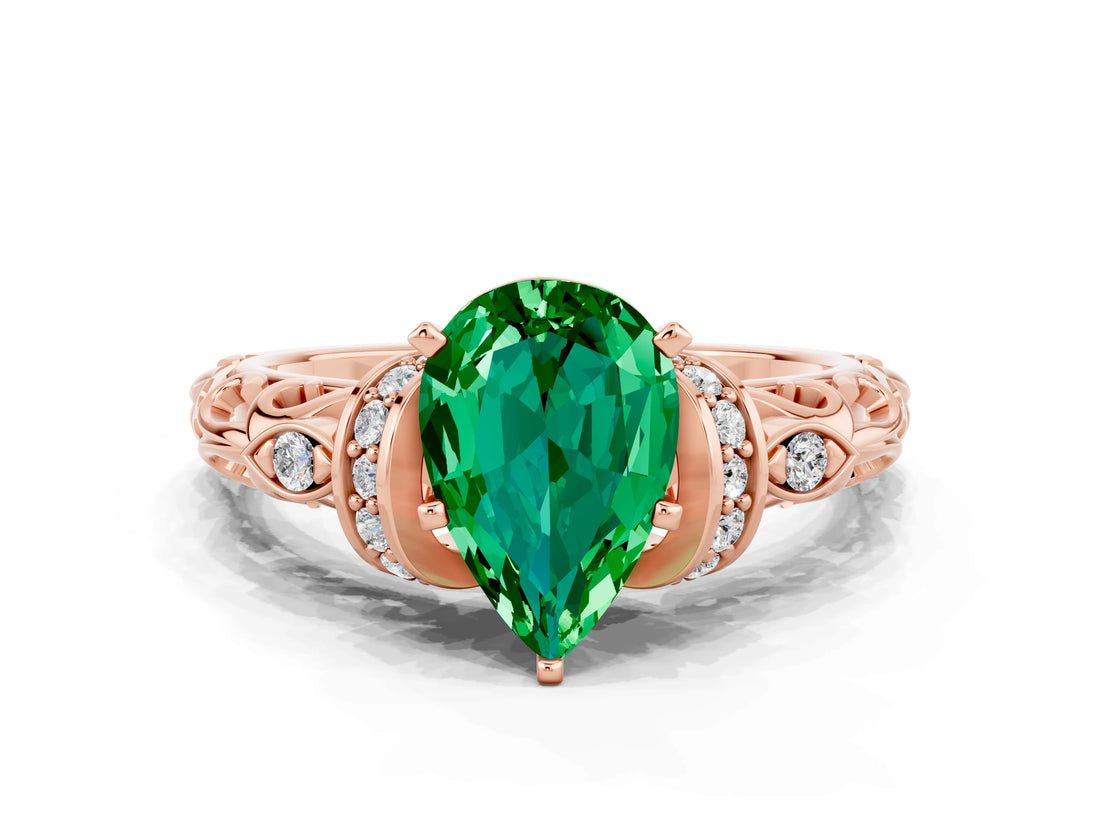 Rose gold Pear Cut Emerald Solitaire Ring with Filigree Band and Four-Prong Setting_24