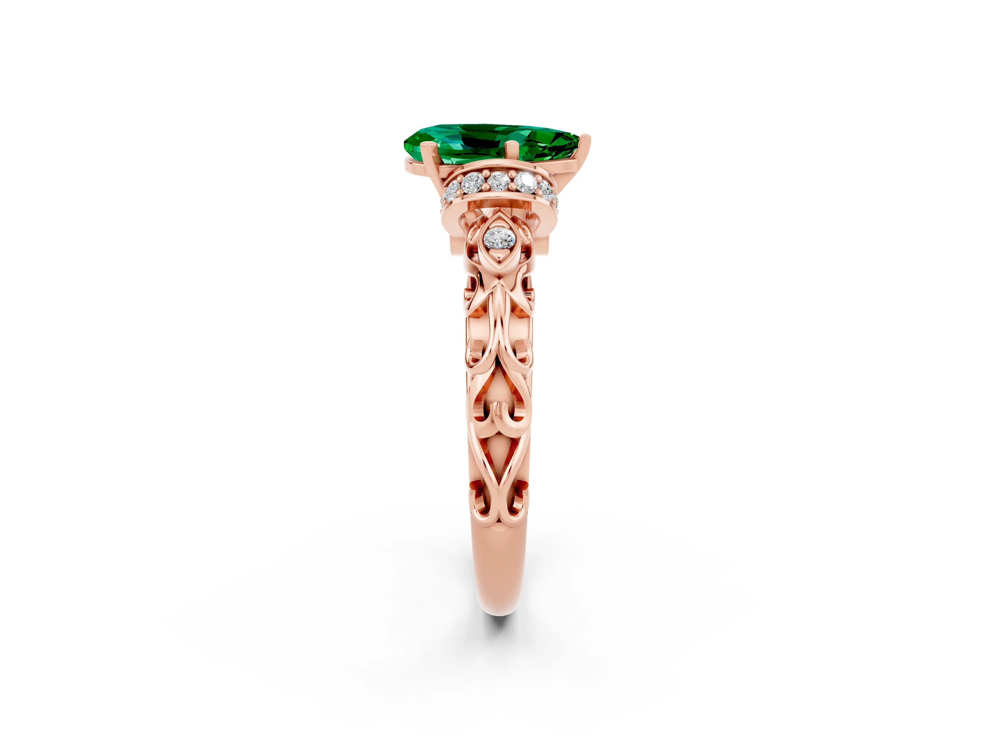 Rose gold Pear Cut Emerald Solitaire Ring with Filigree Band and Four-Prong Setting_26