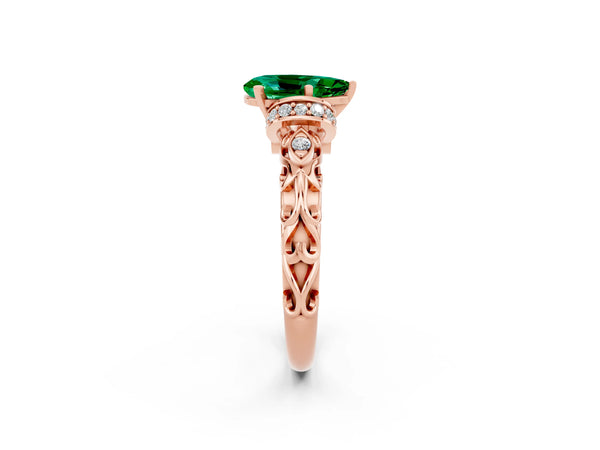 Rose gold Pear Cut Emerald Solitaire Ring with Filigree Band and Four-Prong Setting