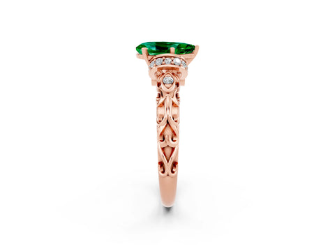 Rose gold Pear Cut Emerald Solitaire Ring with Filigree Band and Four-Prong Setting_26