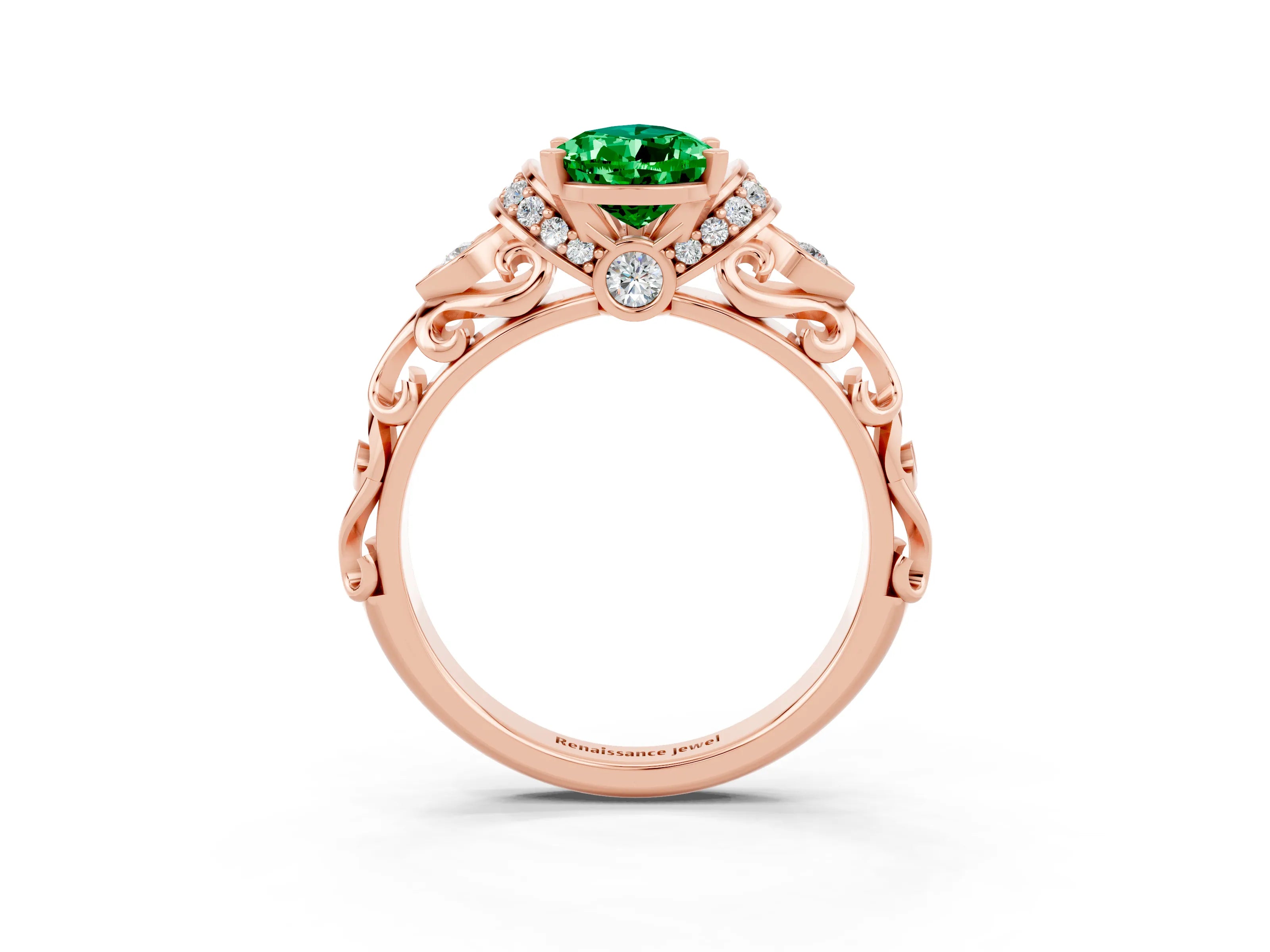 Rose gold Pear Cut Emerald Solitaire Ring with Filigree Band and Four-Prong Setting_27