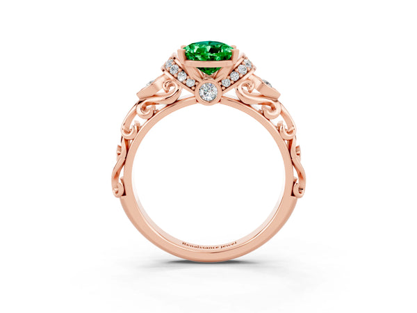 Rose gold Pear Cut Emerald Solitaire Ring with Filigree Band and Four-Prong Setting