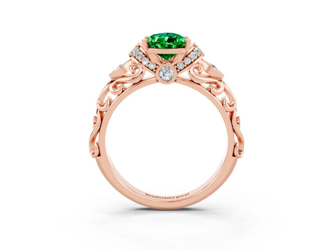 Rose gold Pear Cut Emerald Solitaire Ring with Filigree Band and Four-Prong Setting_27