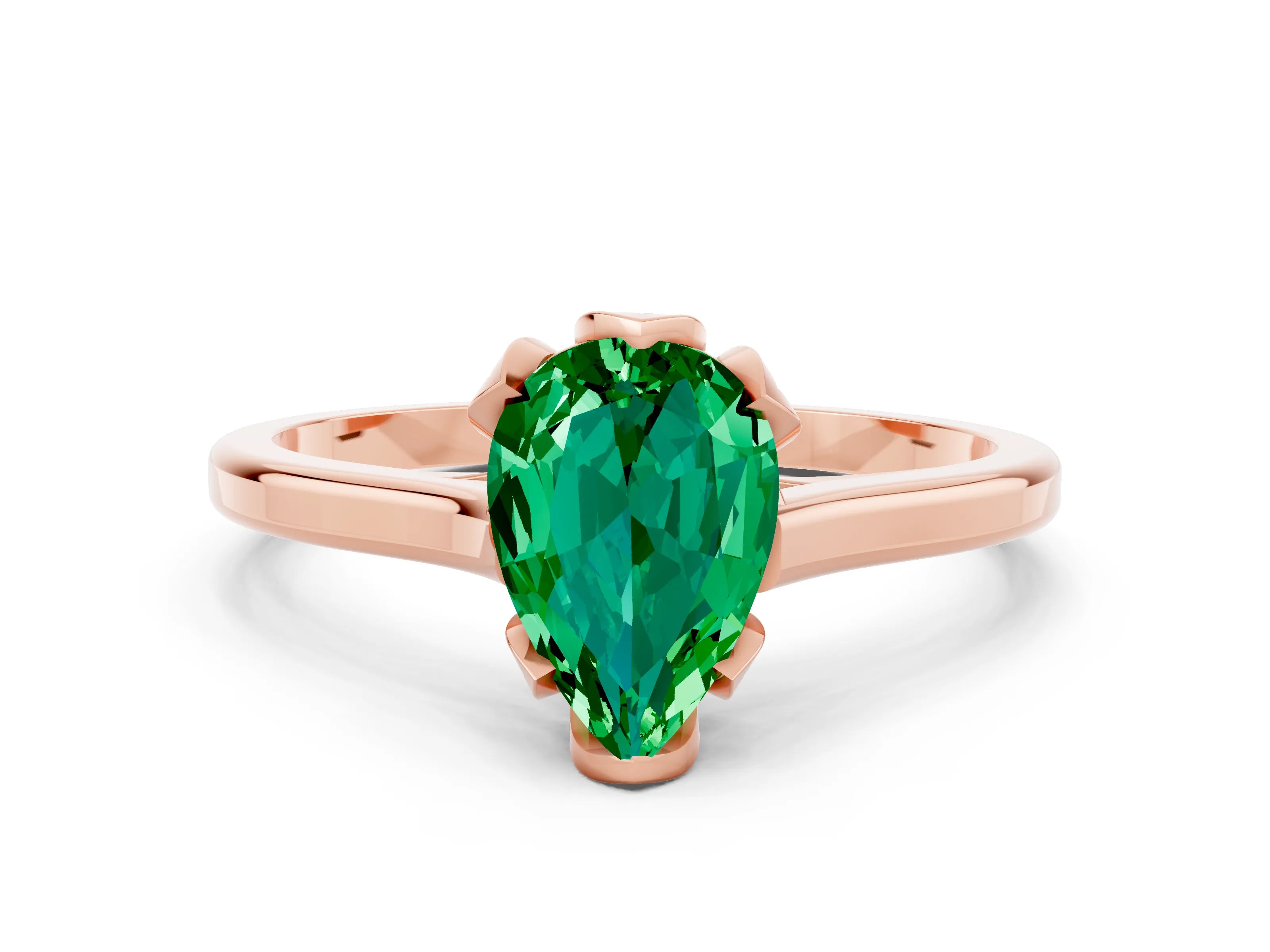 Rose gold Pear Cut Emerald Solitaire Ring with Flower Prong Setting and Classic Band_12