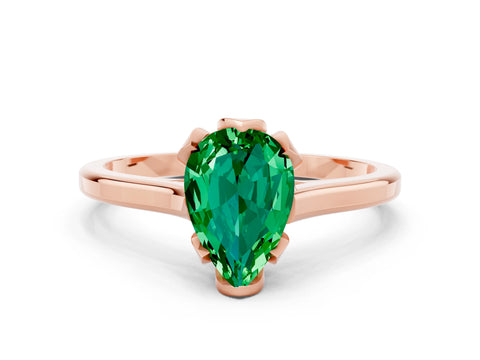 Rose gold Pear Cut Emerald Solitaire Ring with Flower Prong Setting and Classic Band_12