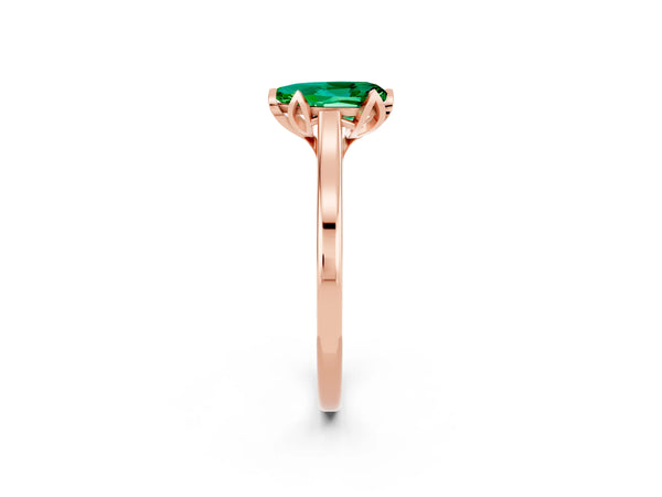 Rose gold Pear Cut Emerald Solitaire Ring with Flower Prong Setting and Classic Band