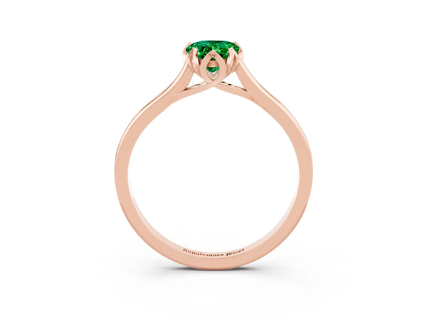 Rose gold Pear Cut Emerald Solitaire Ring with Flower Prong Setting and Classic Band