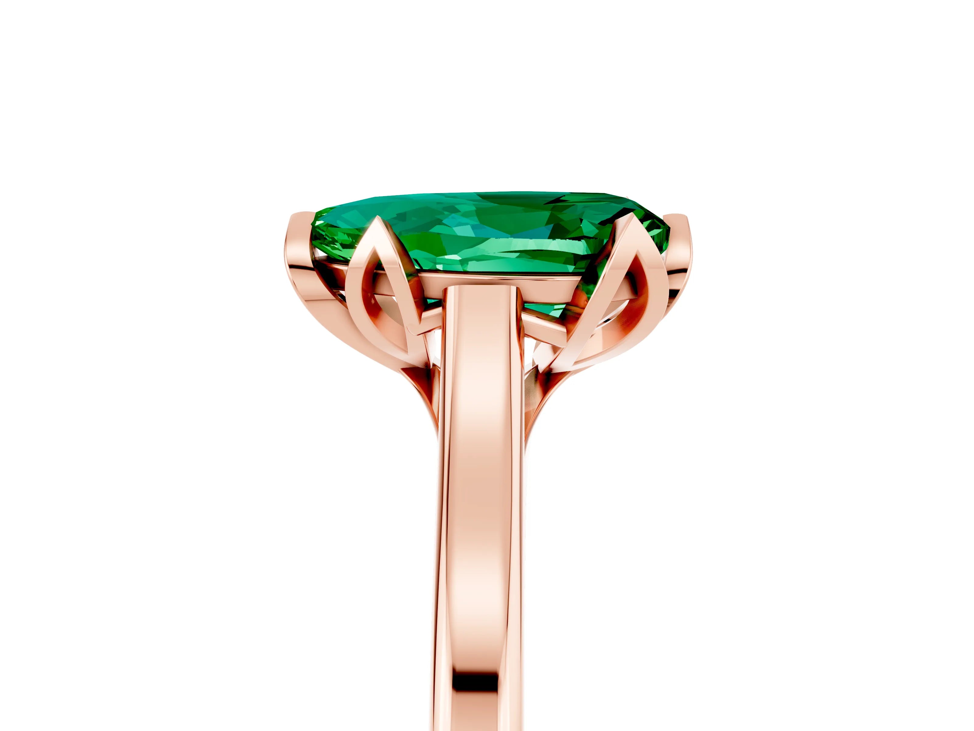 Rose gold Pear Cut Emerald Solitaire Ring with Flower Prong Setting and Classic Band_17