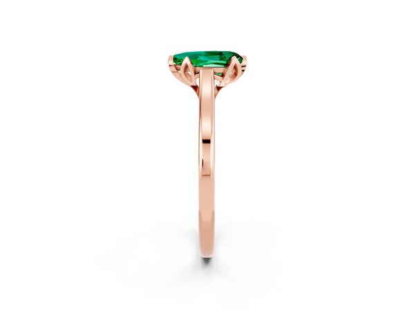Rose gold Pear Cut Emerald Solitaire Ring with Flower Prong Setting and Classic Band