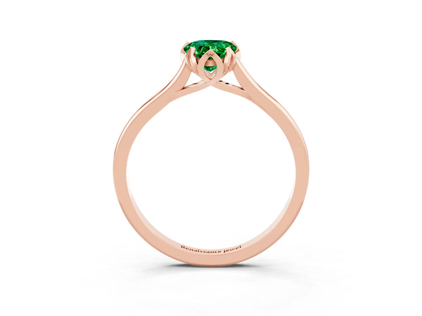 Rose gold Pear Cut Emerald Solitaire Ring with Flower Prong Setting and Classic Band