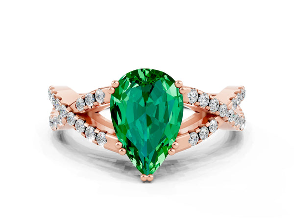 Rose gold Pear Cut Emerald Solitaire Ring with Four-Prong Setting and Twisted Pavé Band