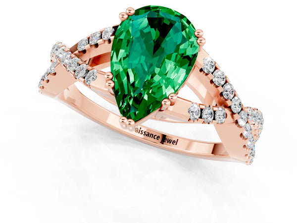 Rose gold Pear Cut Emerald Solitaire Ring with Four-Prong Setting and Twisted Pavé Band
