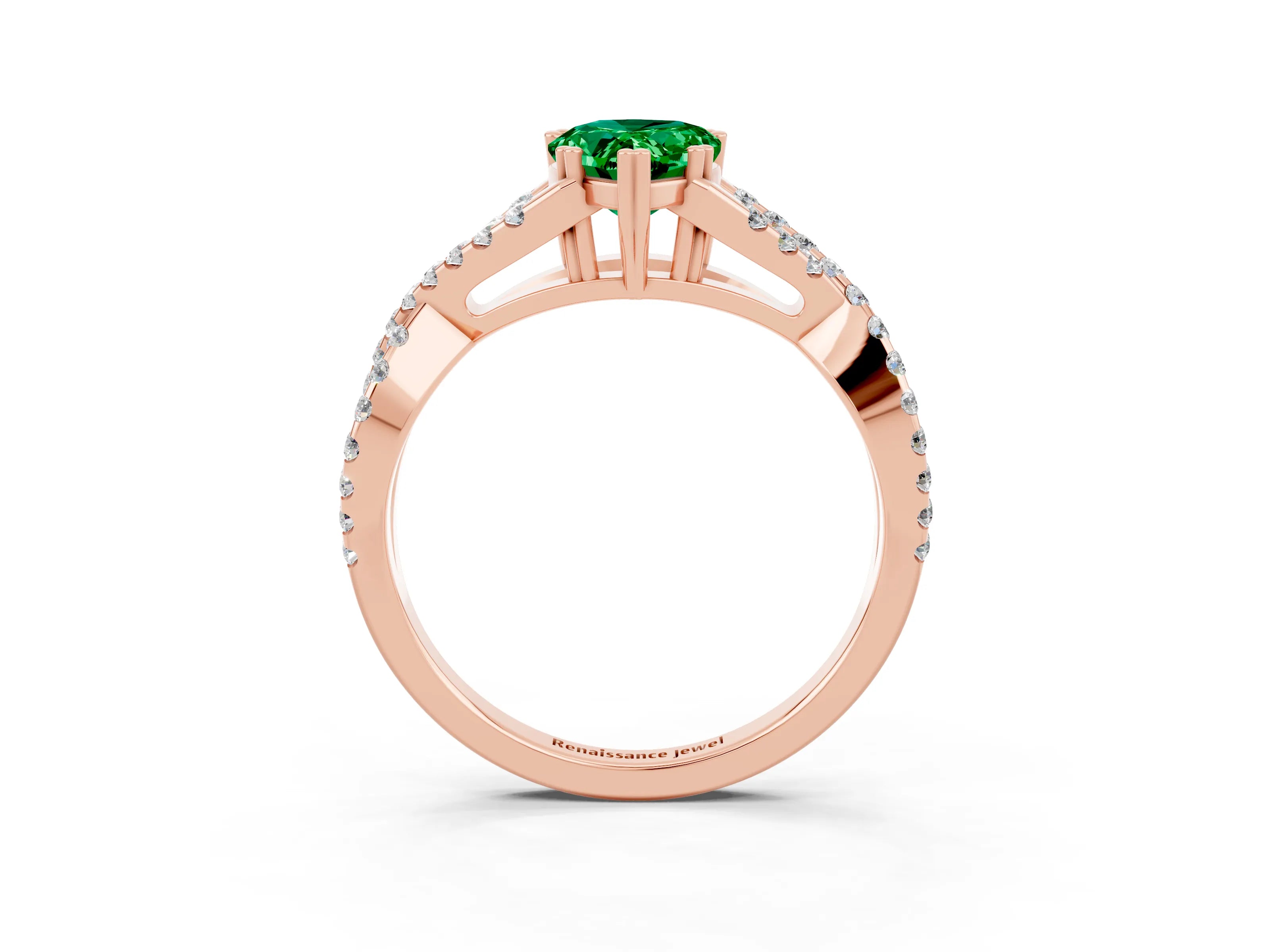 Rose gold Pear Cut Emerald Solitaire Ring with Four-Prong Setting and Twisted Pavé Band_3
