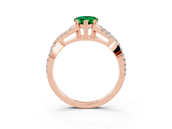 Rose gold Pear Cut Emerald Solitaire Ring with Four-Prong Setting and Twisted Pavé Band