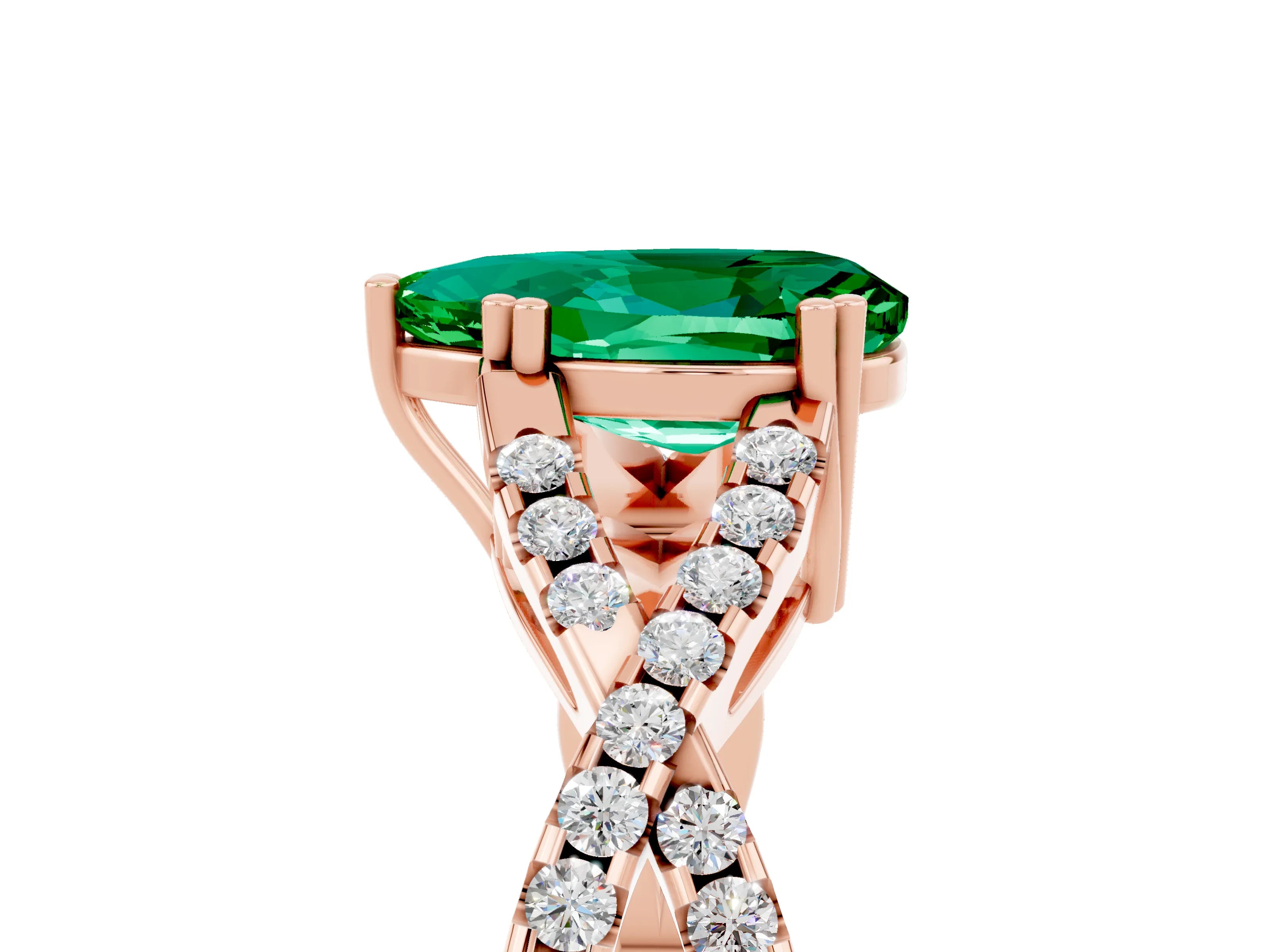 Rose gold Pear Cut Emerald Solitaire Ring with Four-Prong Setting and Twisted Pavé Band_5