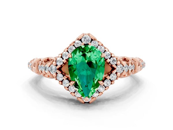 Rose gold Pear Cut Emerald Solitaire Ring with Hidden Halo and Pavé Band