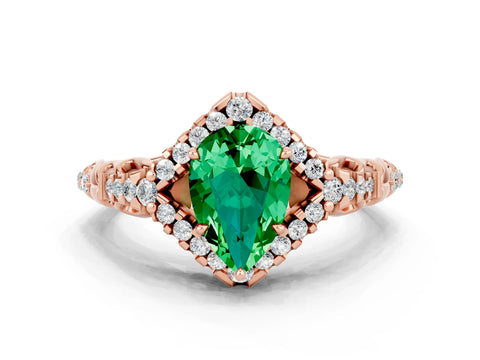 Rose gold Pear Cut Emerald Solitaire Ring with Hidden Halo and Pavé Band_24