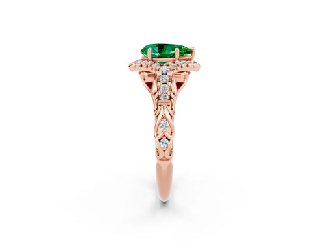 Rose gold Pear Cut Emerald Solitaire Ring with Hidden Halo and Pavé Band_26
