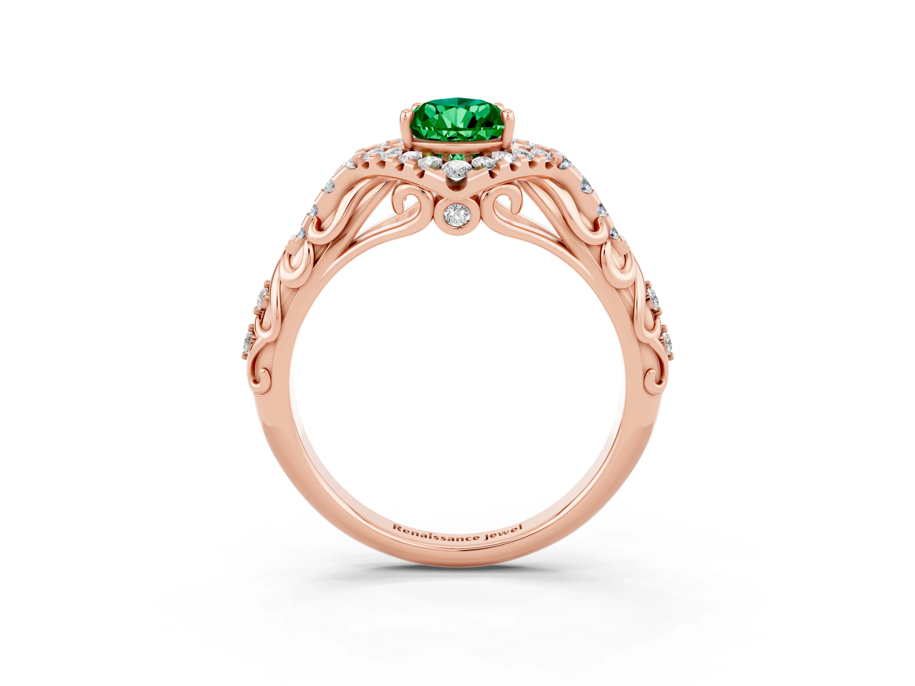 Rose gold Pear Cut Emerald Solitaire Ring with Hidden Halo and Pavé Band_27