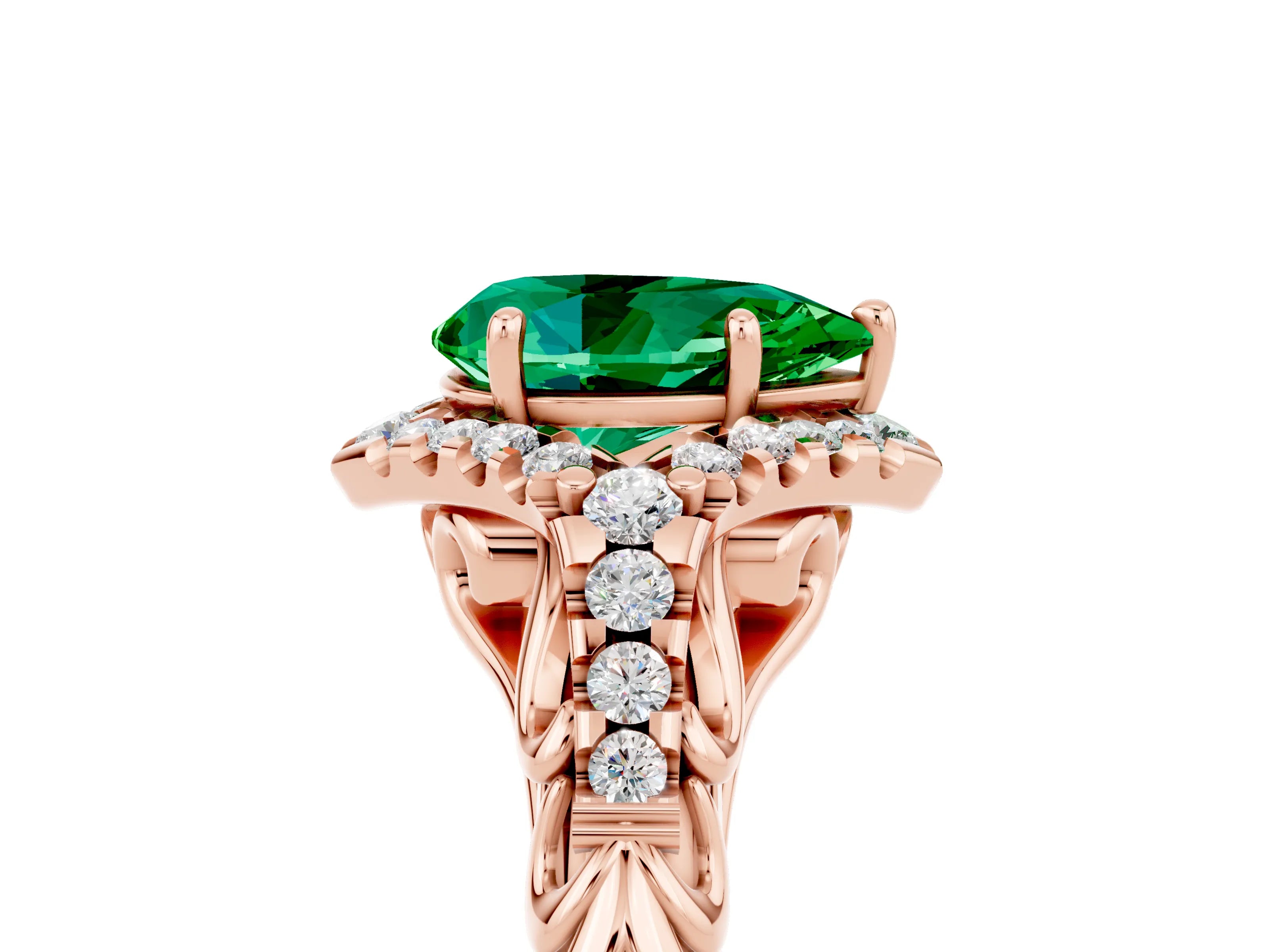 Rose gold Pear Cut Emerald Solitaire Ring with Hidden Halo and Pavé Band_29