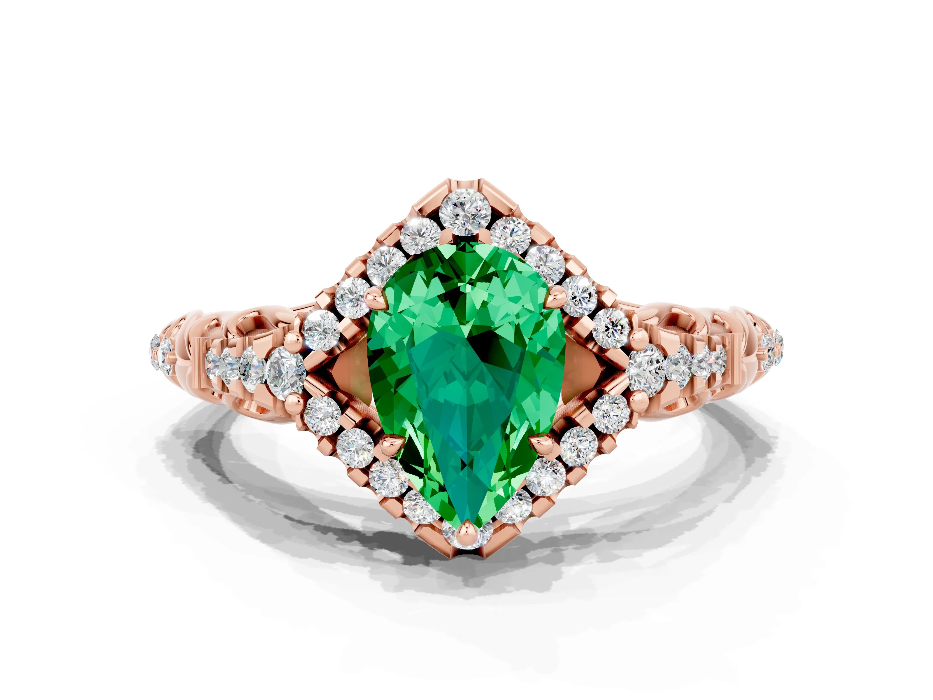 Rose gold Pear Cut Emerald Solitaire Ring with Hidden Halo and Pavé Band_36