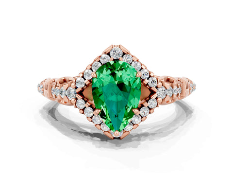 Rose gold Pear Cut Emerald Solitaire Ring with Hidden Halo and Pavé Band_36
