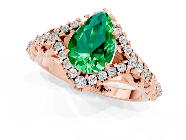 Rose gold Pear Cut Emerald Solitaire Ring with Hidden Halo and Pavé Band