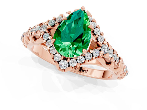 Rose gold Pear Cut Emerald Solitaire Ring with Hidden Halo and Pavé Band_37