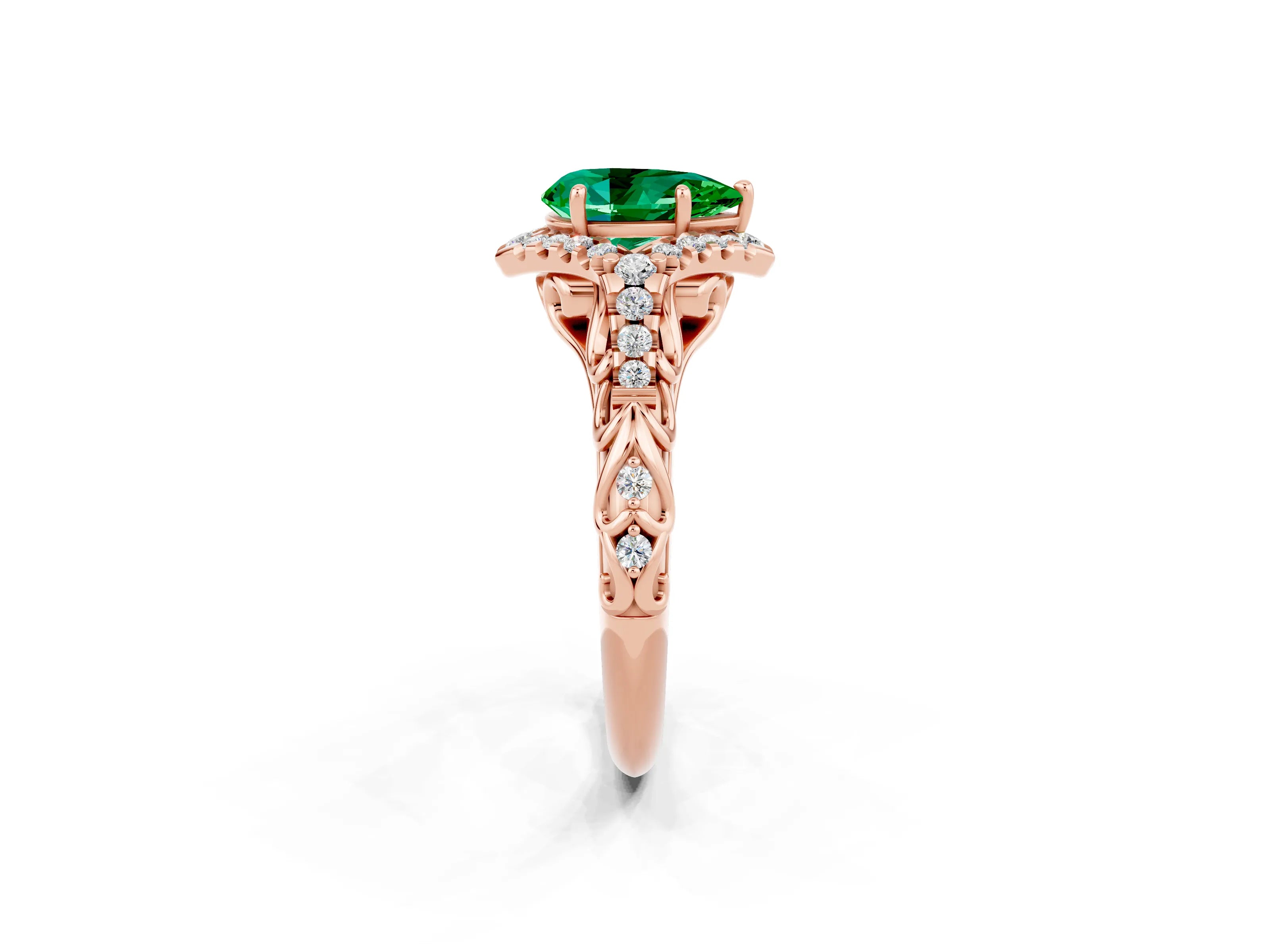 Rose gold Pear Cut Emerald Solitaire Ring with Hidden Halo and Pavé Band_38