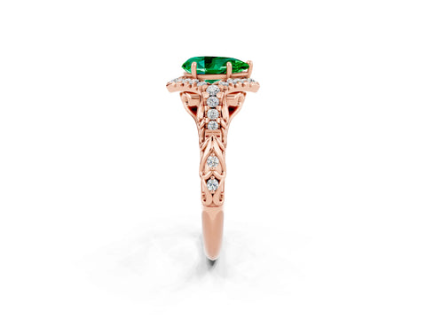 Rose gold Pear Cut Emerald Solitaire Ring with Hidden Halo and Pavé Band_38