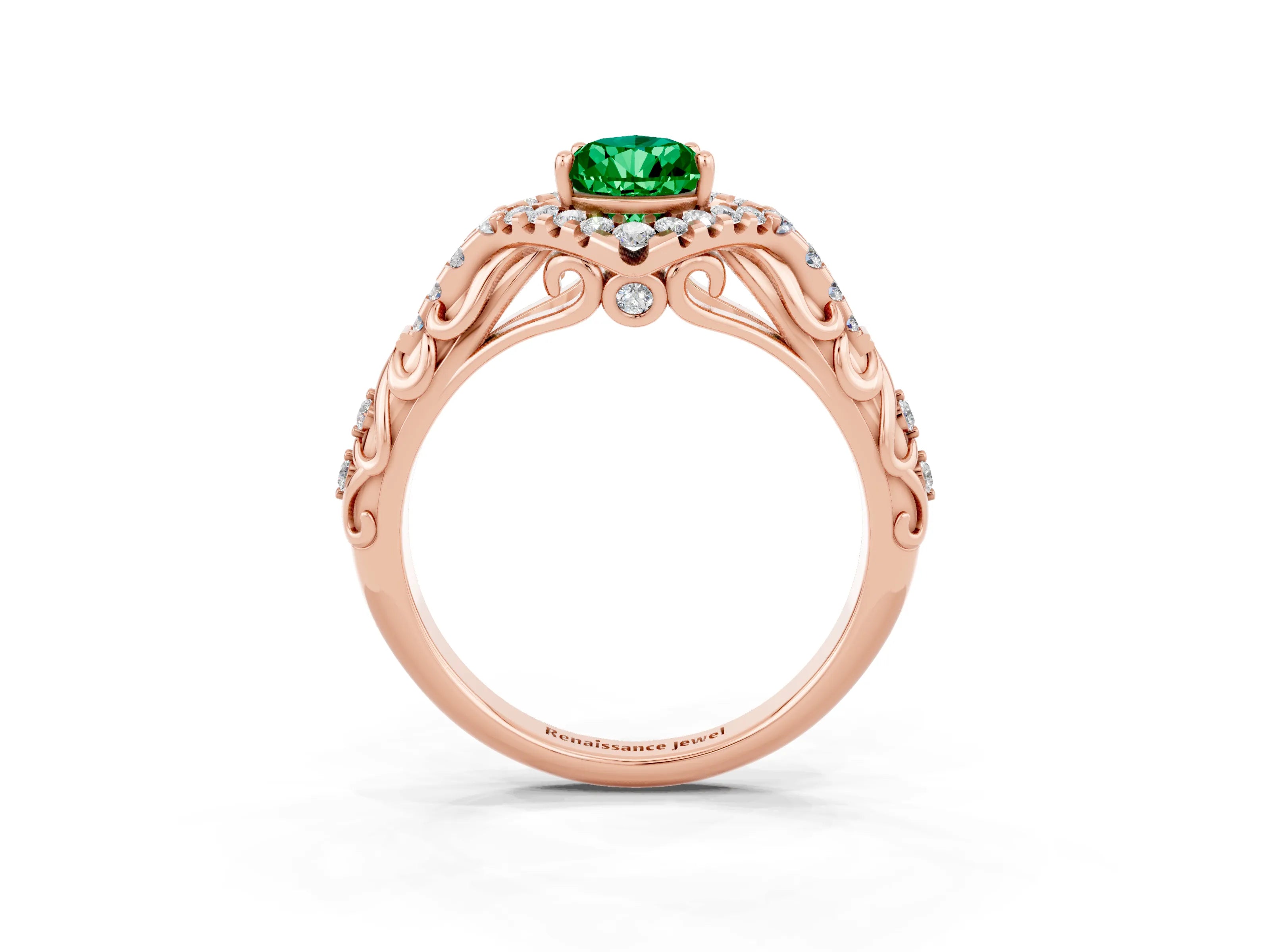 Rose gold Pear Cut Emerald Solitaire Ring with Hidden Halo and Pavé Band_39