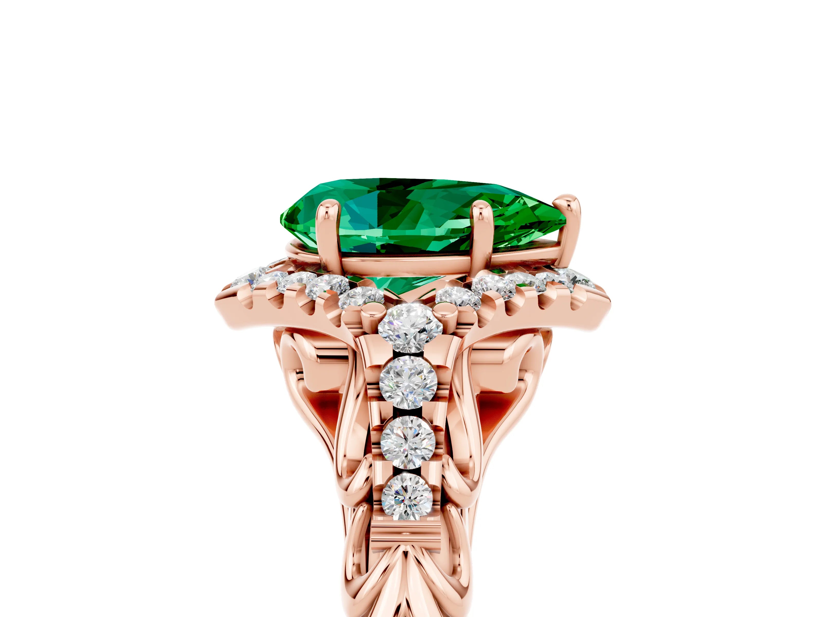 Rose gold Pear Cut Emerald Solitaire Ring with Hidden Halo and Pavé Band_41