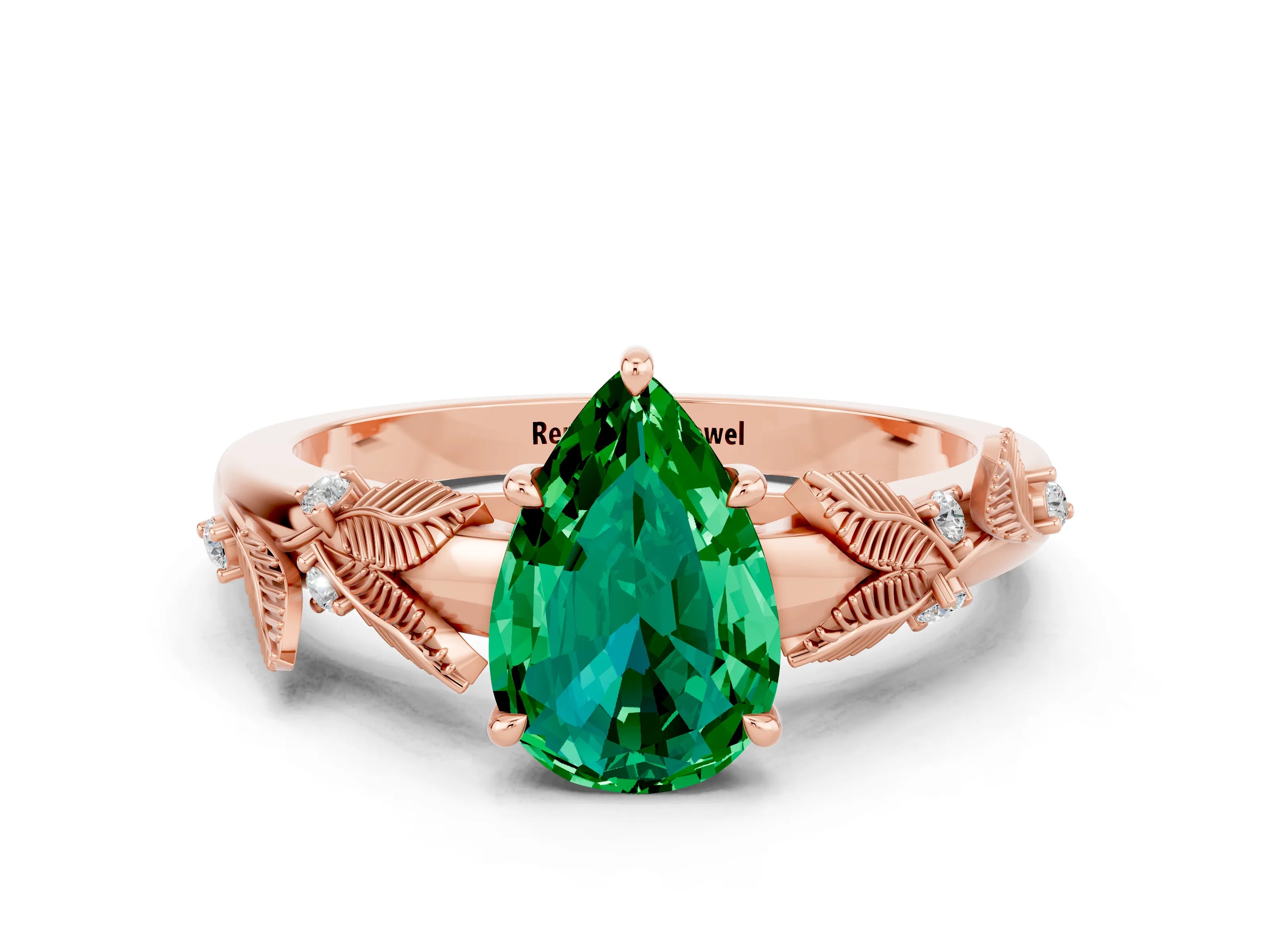 Rose gold Pear Cut Emerald Solitaire Ring with Leaf Motif Band and Four-Prong Setting