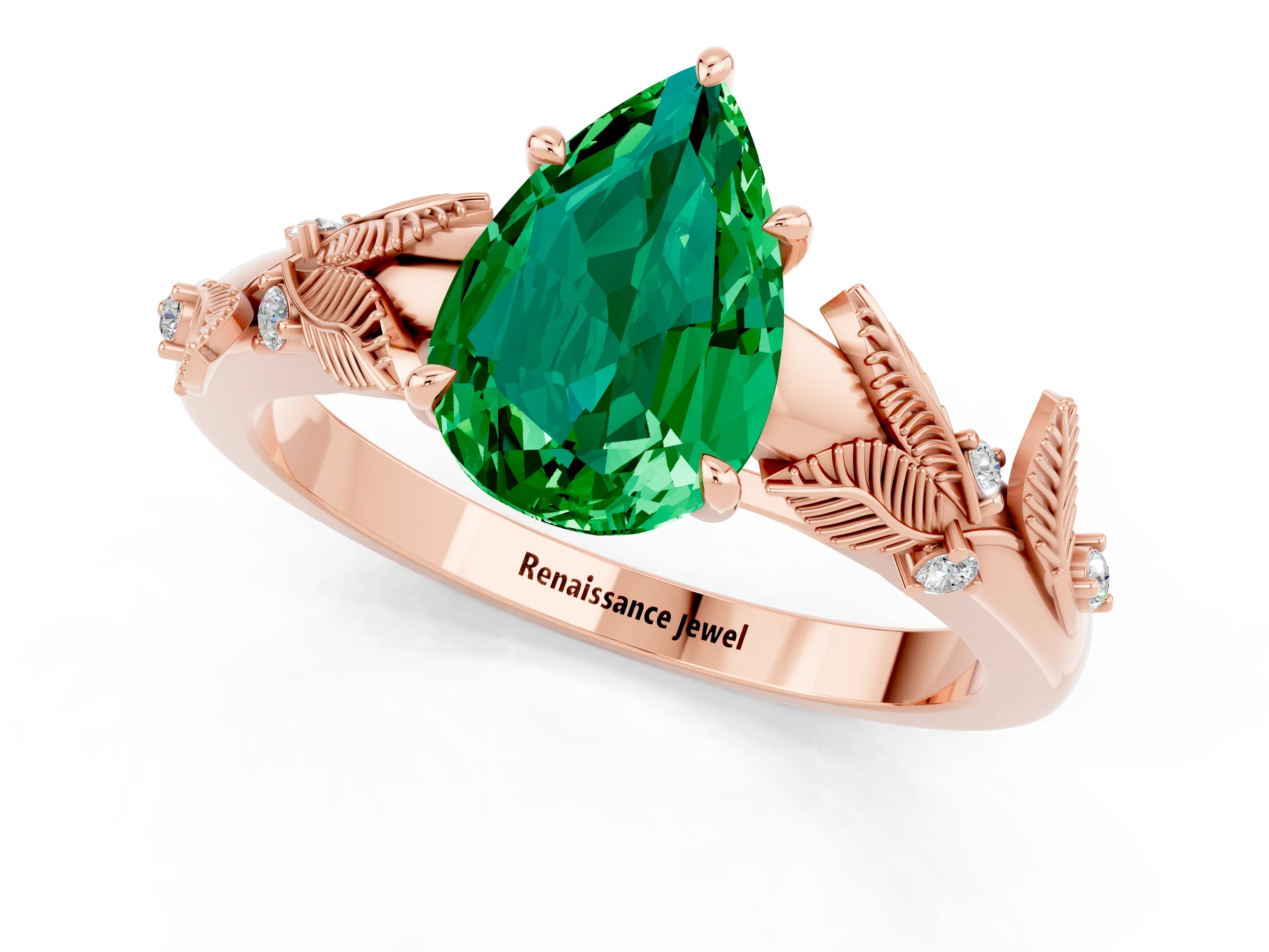 Rose gold Pear Cut Emerald Solitaire Ring with Leaf Motif Band and Four-Prong Setting_1