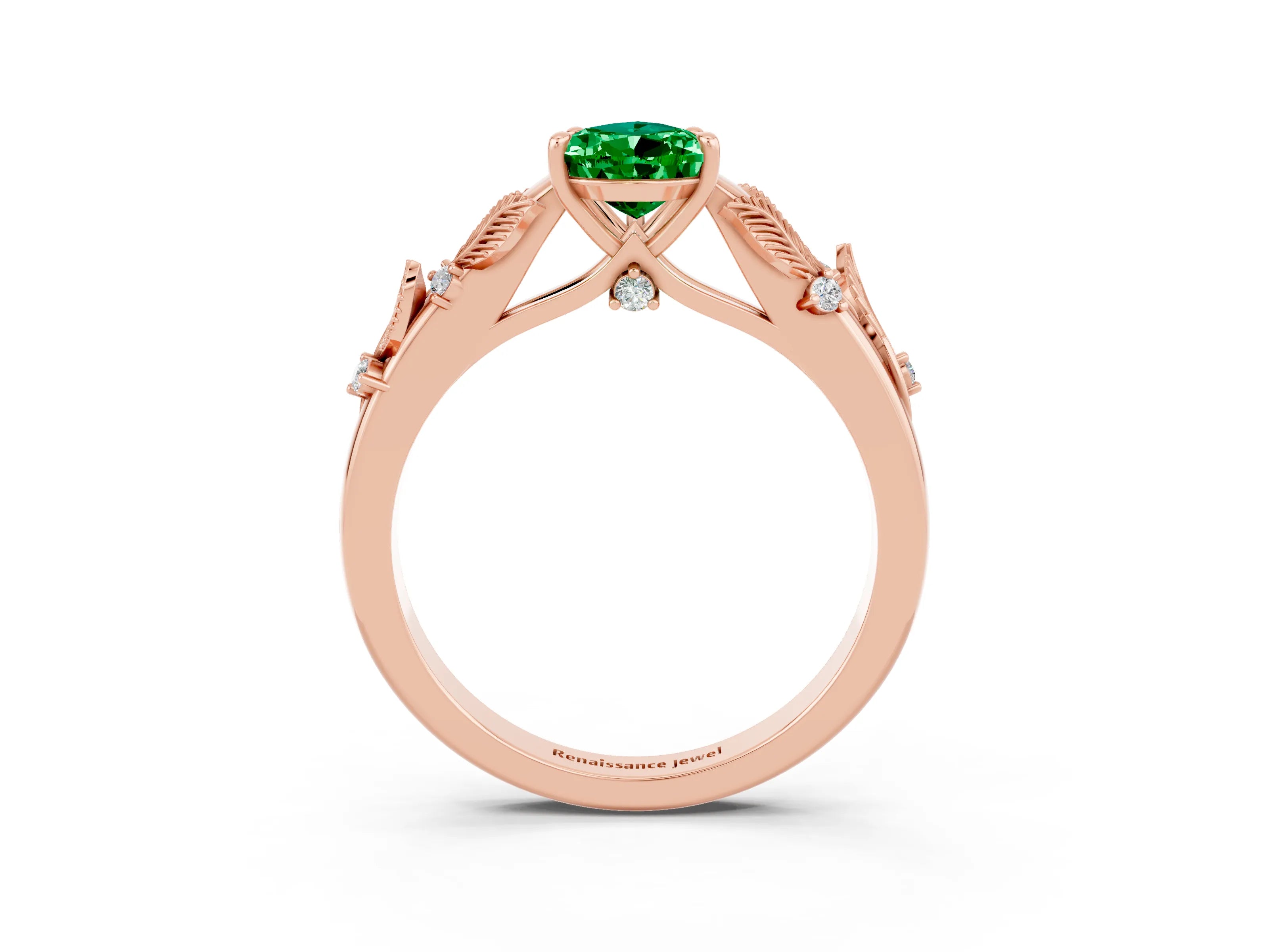 Rose gold Pear Cut Emerald Solitaire Ring with Leaf Motif Band and Four-Prong Setting_3
