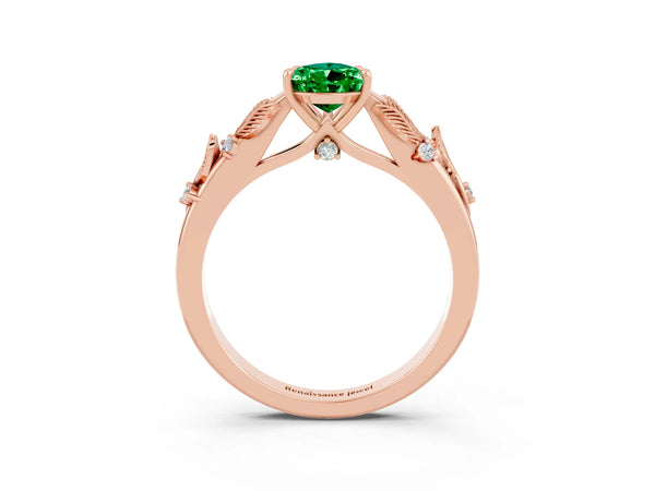Rose gold Pear Cut Emerald Solitaire Ring with Leaf Motif Band and Four-Prong Setting