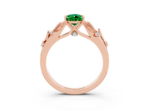 Rose gold Pear Cut Emerald Solitaire Ring with Leaf Motif Band and Four-Prong Setting_3