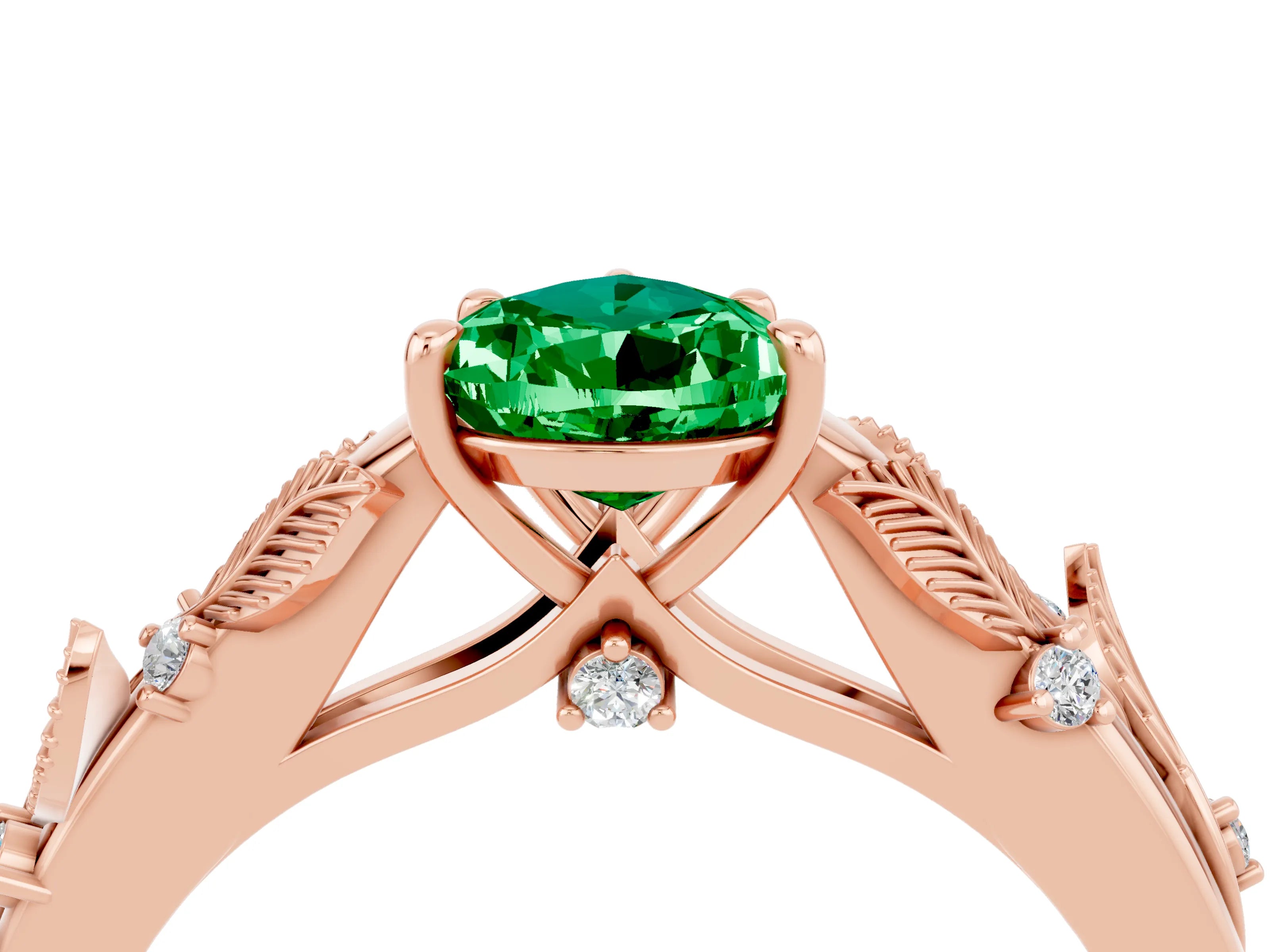 Rose gold Pear Cut Emerald Solitaire Ring with Leaf Motif Band and Four-Prong Setting_4