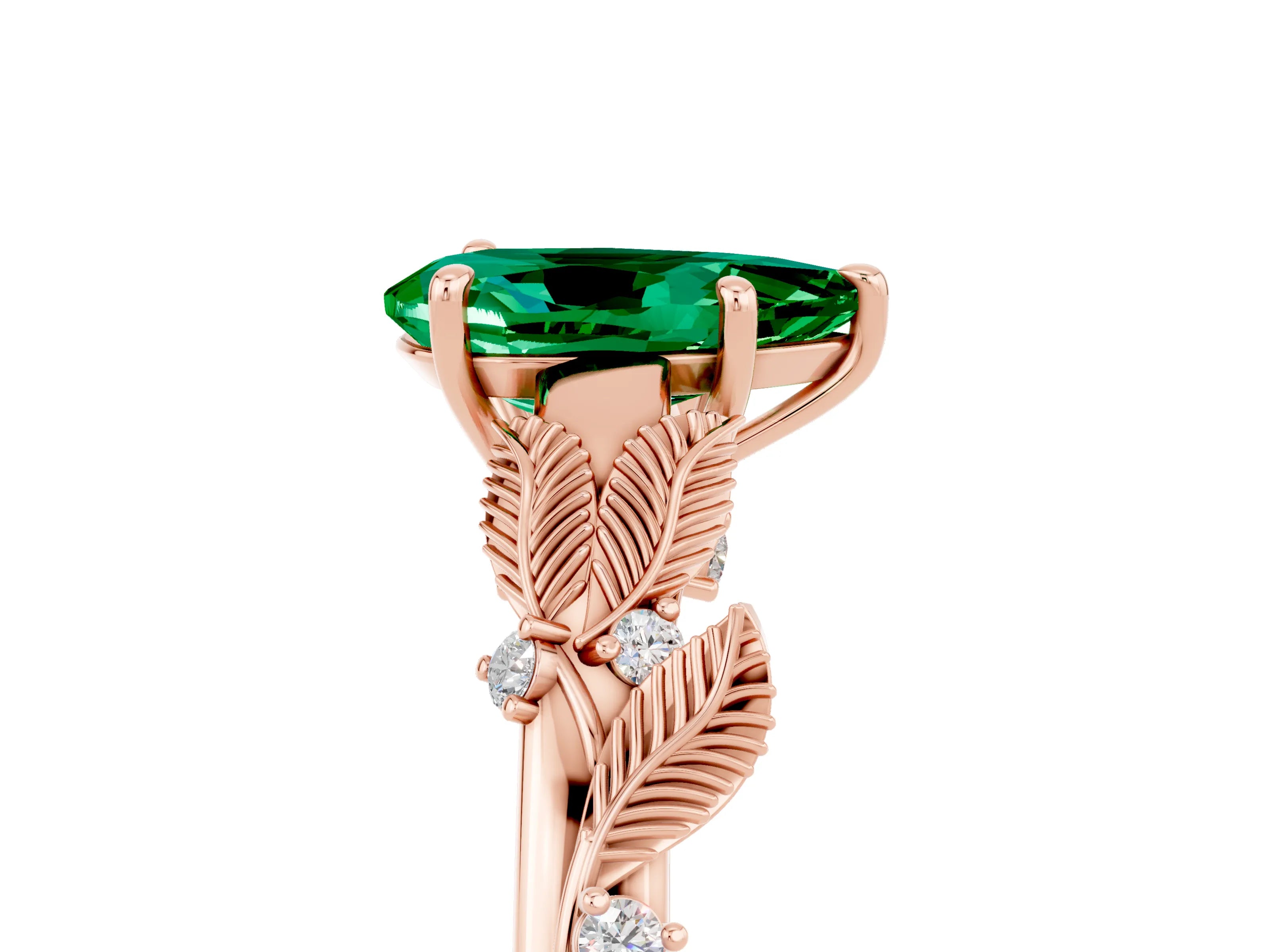 Rose gold Pear Cut Emerald Solitaire Ring with Leaf Motif Band and Four-Prong Setting_5