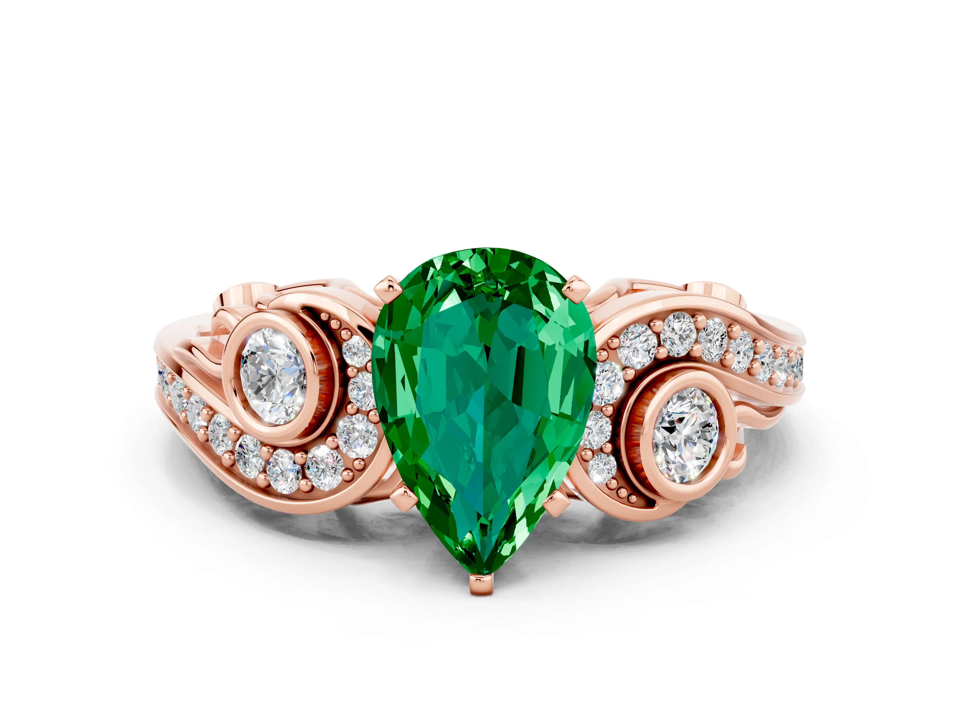 Rose gold Pear Cut Emerald Solitaire Ring with Milgrain Pavé Band and Four-Prong Setting_24
