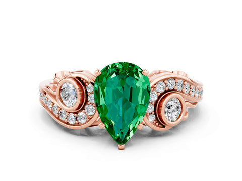 Rose gold Pear Cut Emerald Solitaire Ring with Milgrain Pavé Band and Four-Prong Setting_24