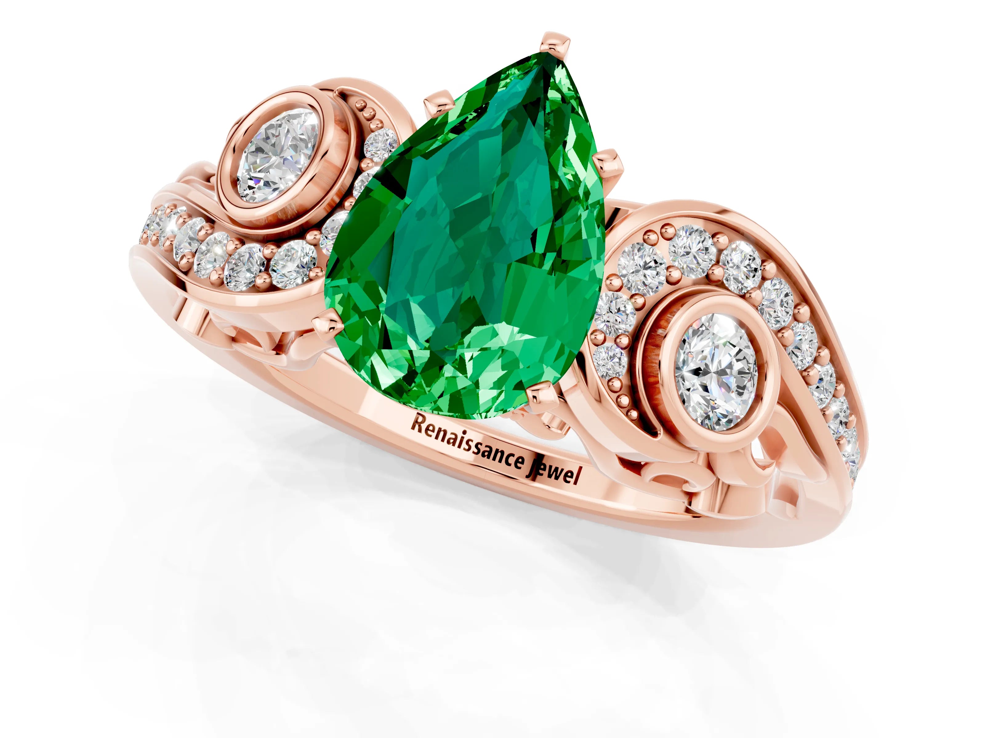 Rose gold Pear Cut Emerald Solitaire Ring with Milgrain Pavé Band and Four-Prong Setting_25