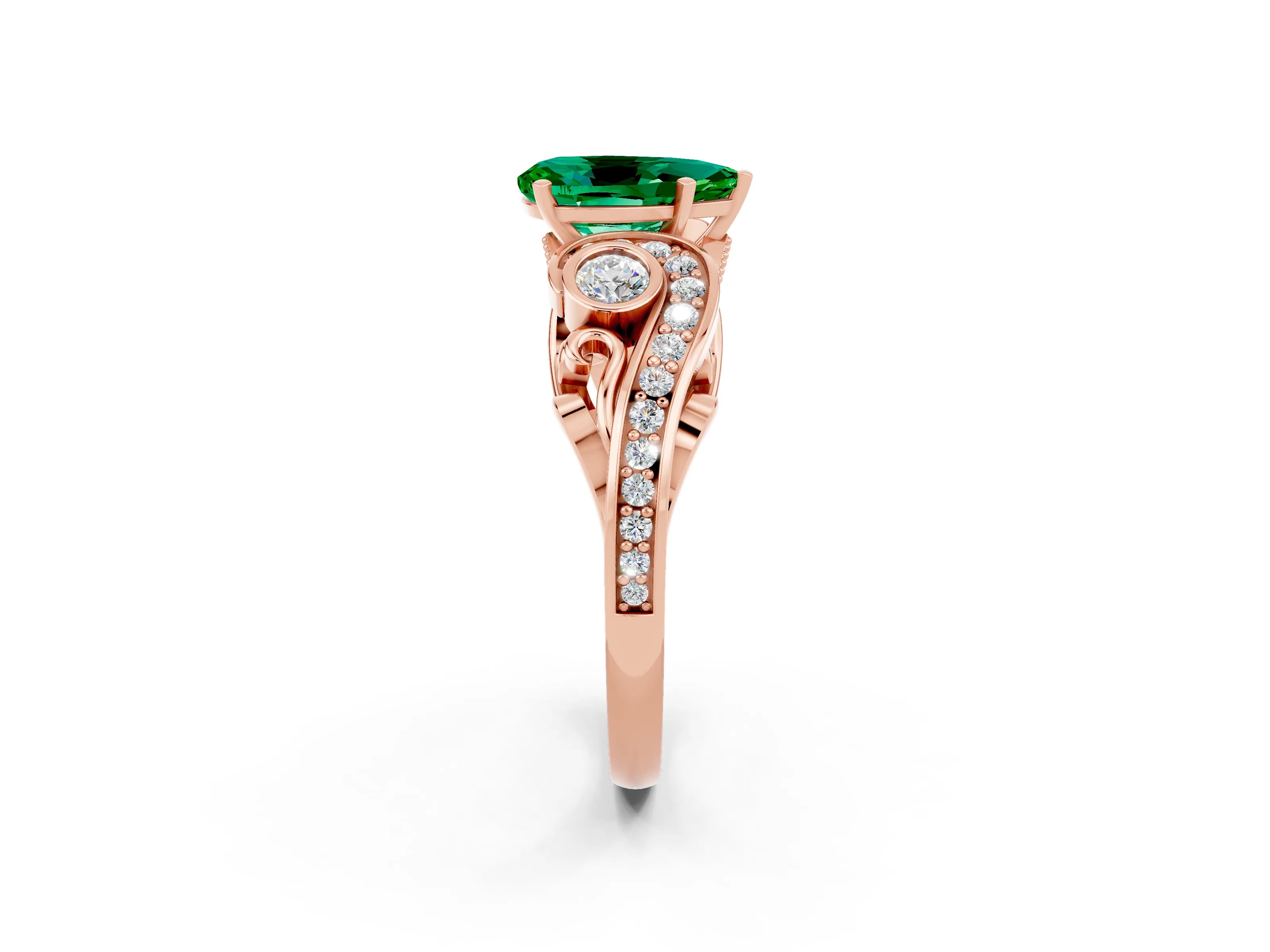 Rose gold Pear Cut Emerald Solitaire Ring with Milgrain Pavé Band and Four-Prong Setting_26