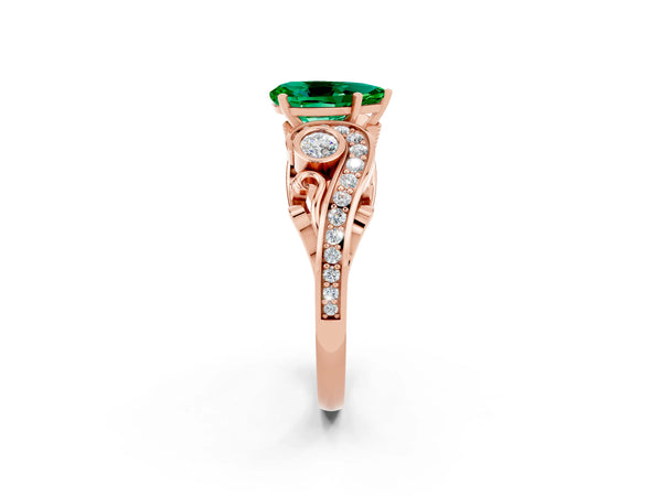 Rose gold Pear Cut Emerald Solitaire Ring with Milgrain Pavé Band and Four-Prong Setting