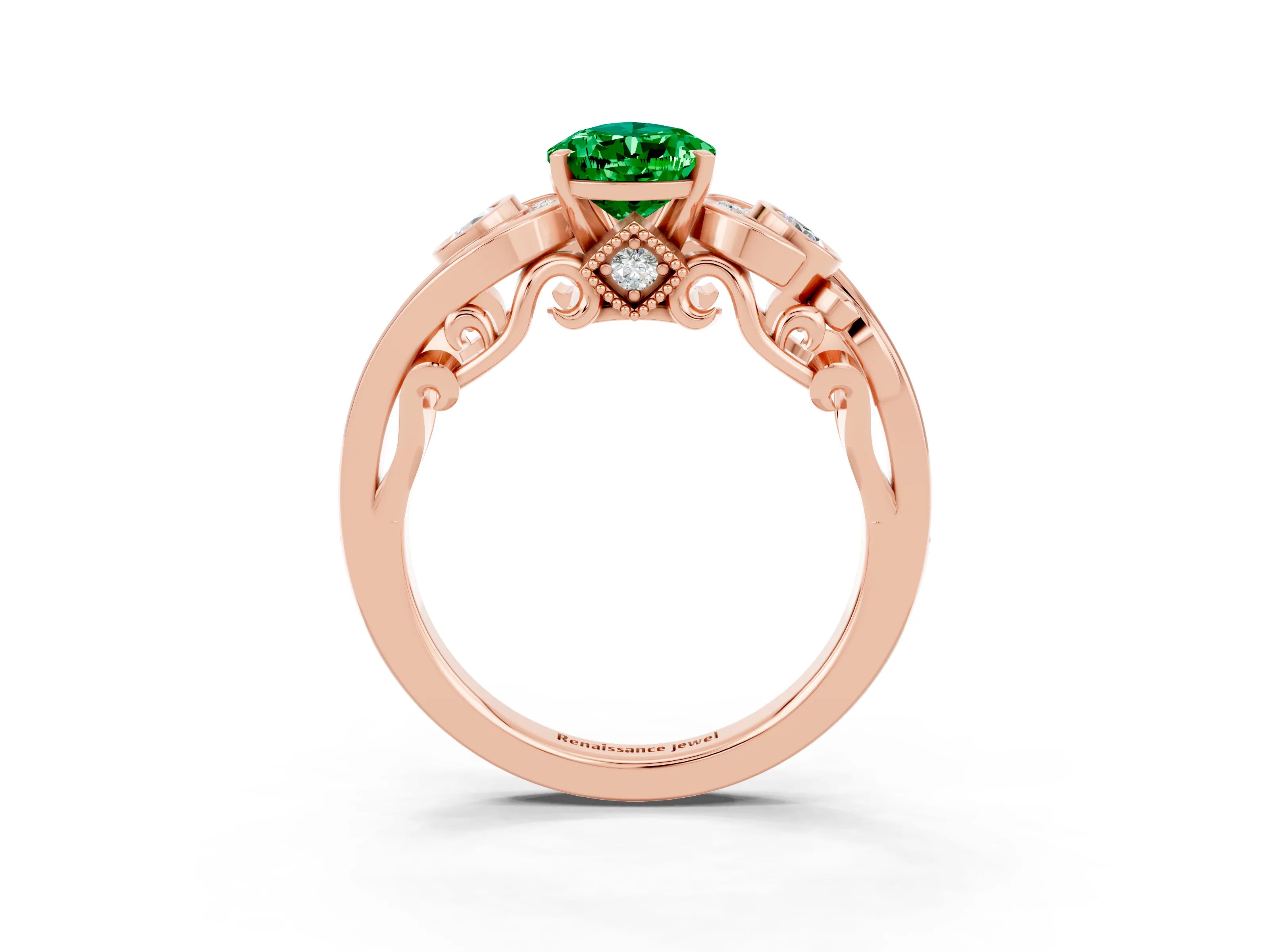 Rose gold Pear Cut Emerald Solitaire Ring with Milgrain Pavé Band and Four-Prong Setting_27