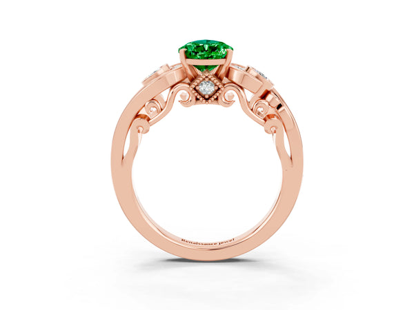 Rose gold Pear Cut Emerald Solitaire Ring with Milgrain Pavé Band and Four-Prong Setting