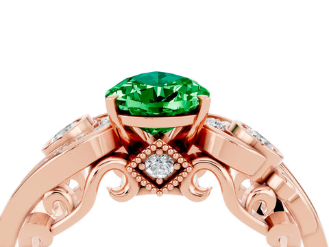 Rose gold Pear Cut Emerald Solitaire Ring with Milgrain Pavé Band and Four-Prong Setting_28