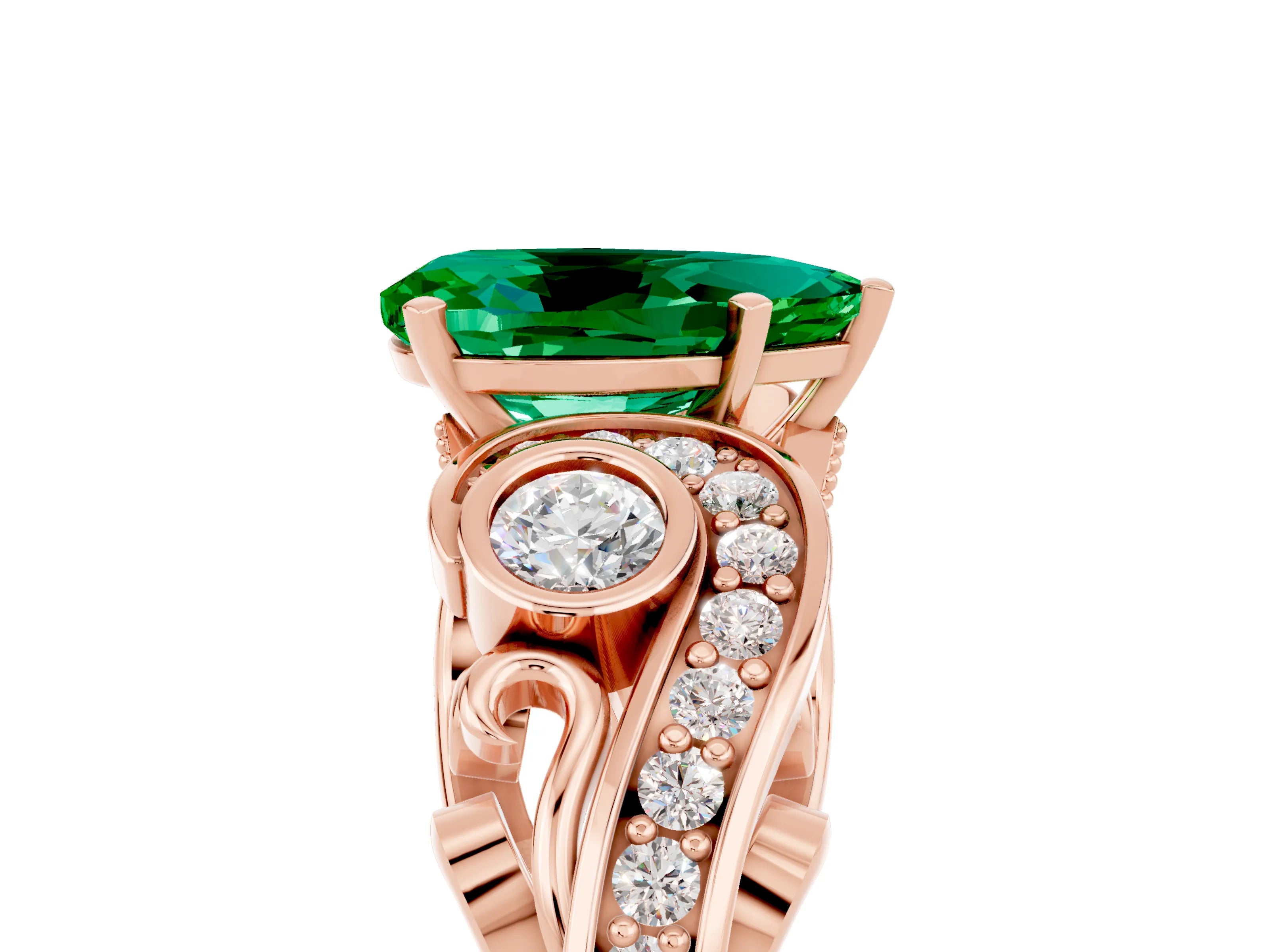 Rose gold Pear Cut Emerald Solitaire Ring with Milgrain Pavé Band and Four-Prong Setting_29